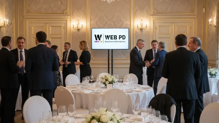 Evento aziendale in una location elegante con tavoli imbanditi e professionisti in abiti formali che conversano e collaborano, creando un’atmosfera raffinata e professionale.