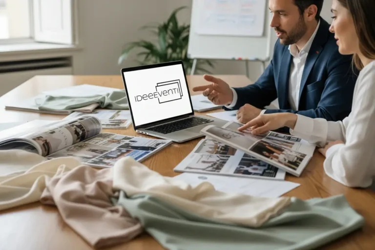 Due professionisti seduti a un tavolo discutono progetti di eventi, con tessuti e cataloghi sparsi e un laptop aperto che mostra il logo “Idee Eventi”, in un ambiente luminoso e professionale.