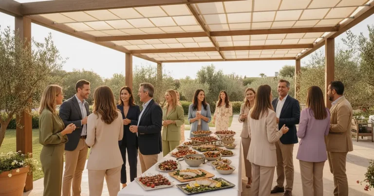 Ampio tavolo da banchetto allestito all'esterno sotto una pergola, in un lussureggiante giardino, attorno al quale ci sono numerosi invitati vestiti elegantemente da cerimonia. Il tavolo è riccamente imbandito con una varietà di cibo e bevande