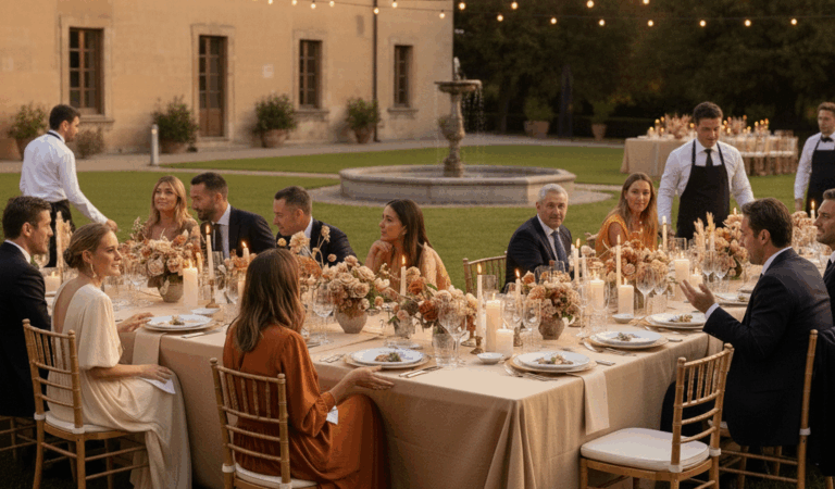 Ampio tavolo da banchetto allestito all'esterno, in un lussureggiante giardino, attorno al quale siedono numerosi invitati vestiti elegantemente da cerimonia. Il tavolo è riccamente decorato con centrotavola floreali e imbandito con una varietà di cibo e bevande
