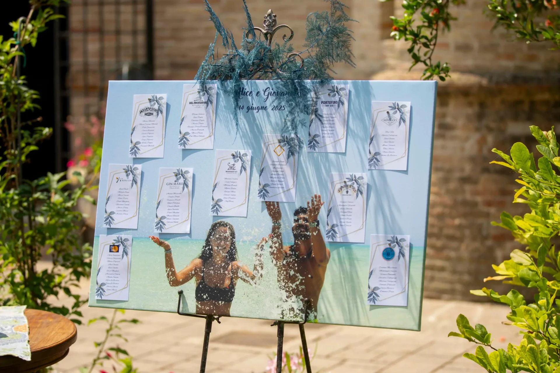 Cartellone o poster su grande formato, montato su un treppiedi, che mostra una grande fotografia di due ragazzi sorridenti al mare, immersi nell'acqua. Sopra il poster sono attaccati diversi foglietti che contengono istruzioni scritte per gli ospiti. Lo sfondo è composto da piante decorative e una parete di mattoni rossi.