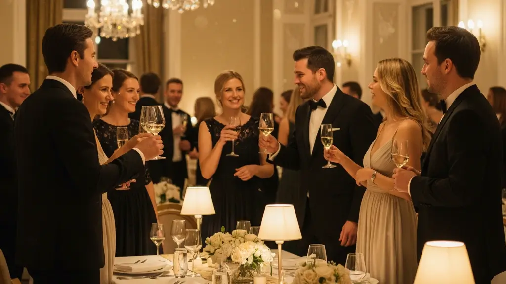 Molte persone vestite eleganti attorno ad un tavolo che tengono in mano calici di vino e brindano sorridendo.