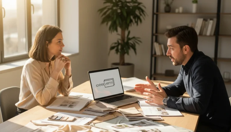Due professionisti seduti ognuno da un lato di un tavolo con sopra dei fogli sparsi e un computer che discutono